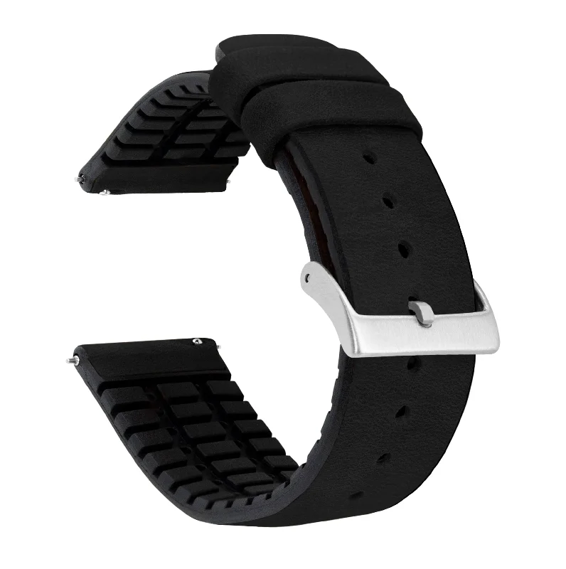 Black Leather And Rubber Hybrid Watch Band (19mm, 21mm, 23mm, 24mm SALE)