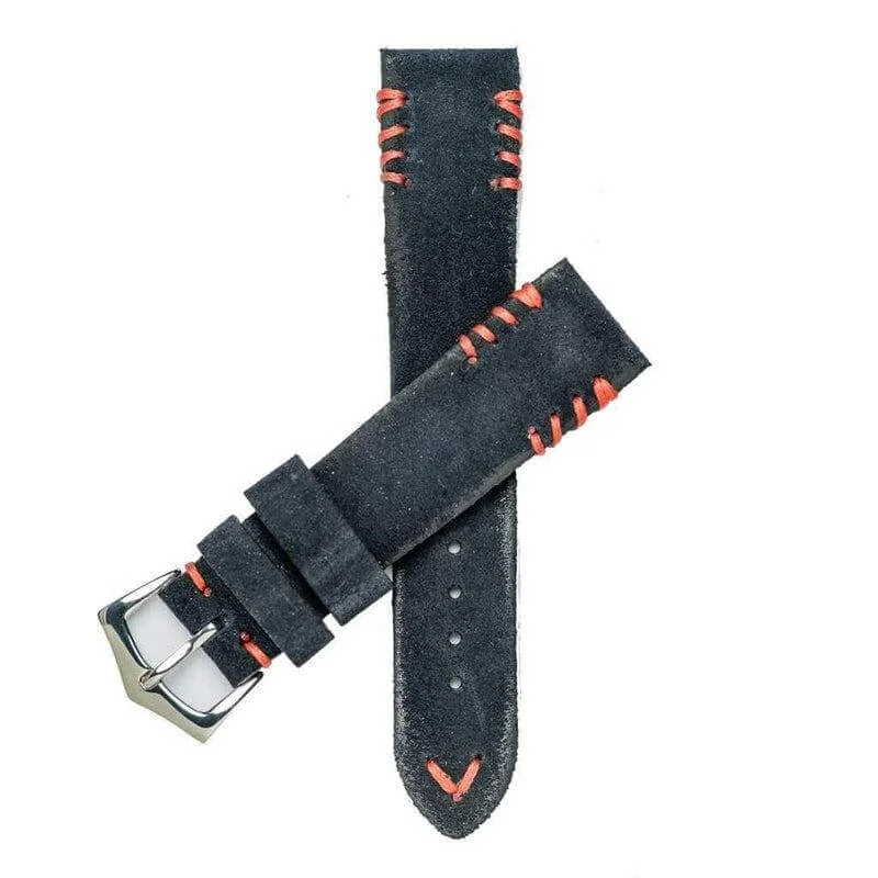 Blue Suede Watch Strap Red Tribal Stitches