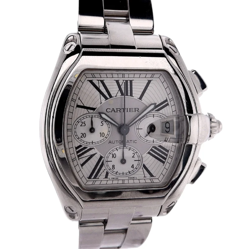 Estate Cartier Stainless Steel Roadster XL Silver Chrono Roman Dial #2618