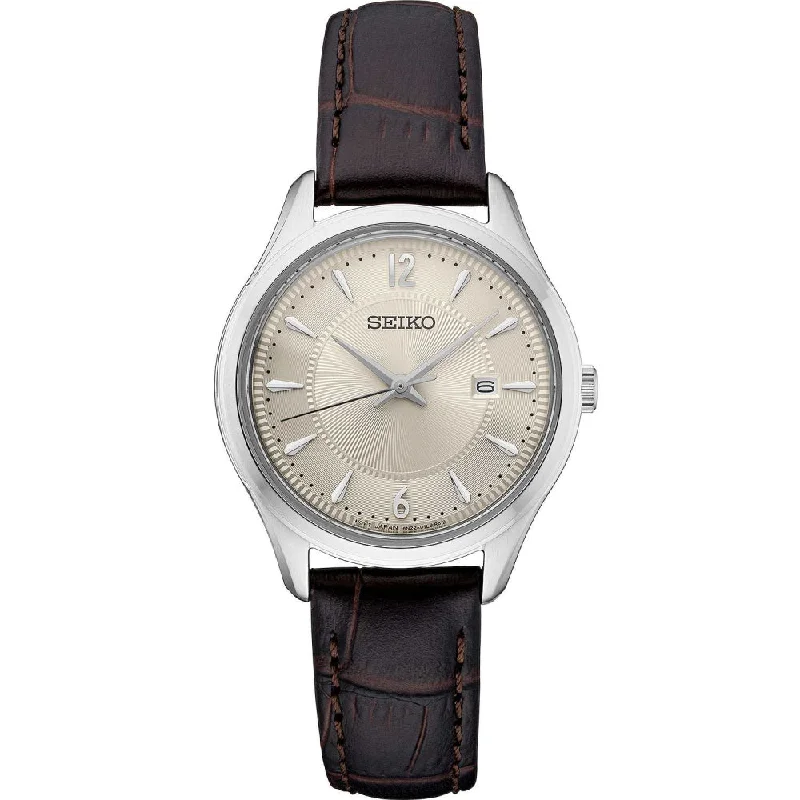 Seiko Essentials 29.9mm White Dial Brown Leather Strap, SUR427