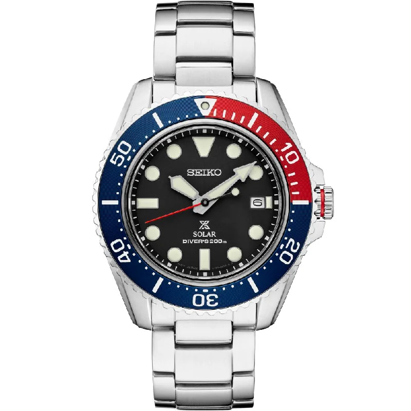 Seiko Prospex Solar Diver's Black Dial, Blue and Red Bezel SNE591