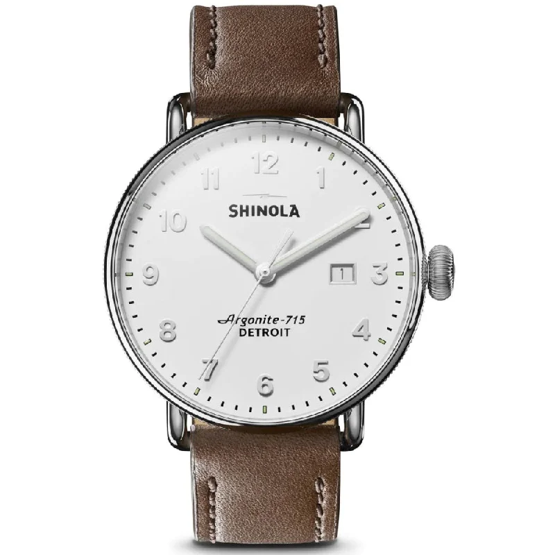 Shinola Canfield 43mm, White Dial / Brown Leather Strap