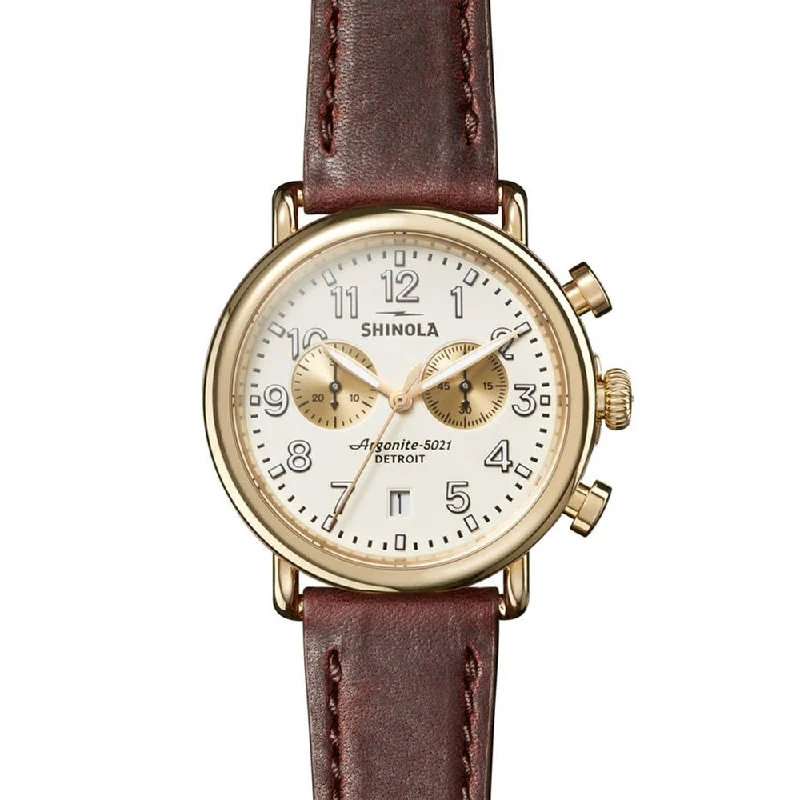 Shinola Runwell Chrono 41mm, Gold PVD/ Brown Leather Strap