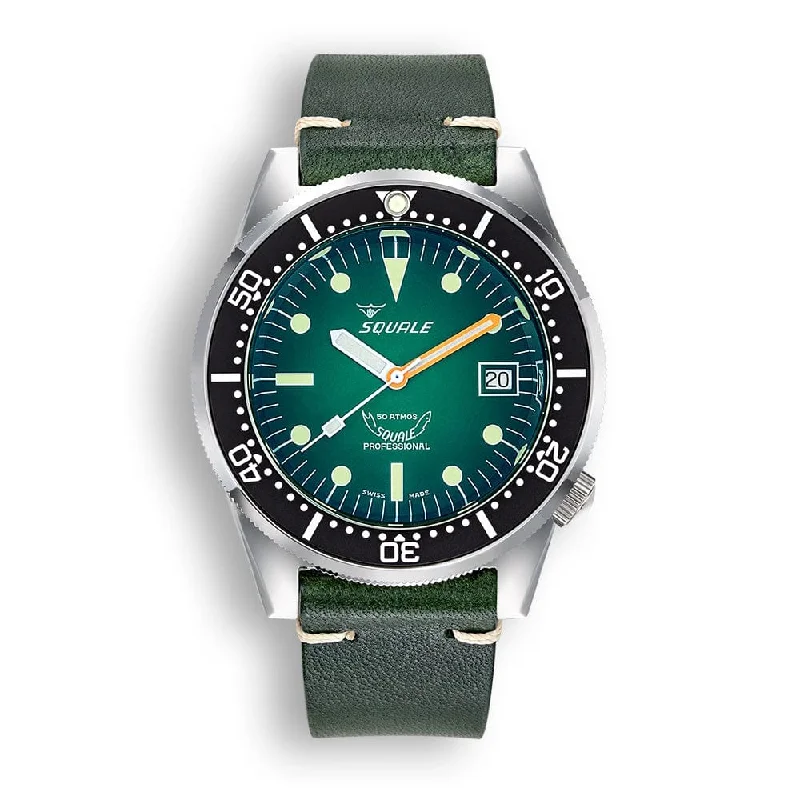 Squale 1521 Swiss Made Divers Watch - Green Ray Dial - Leather Strap