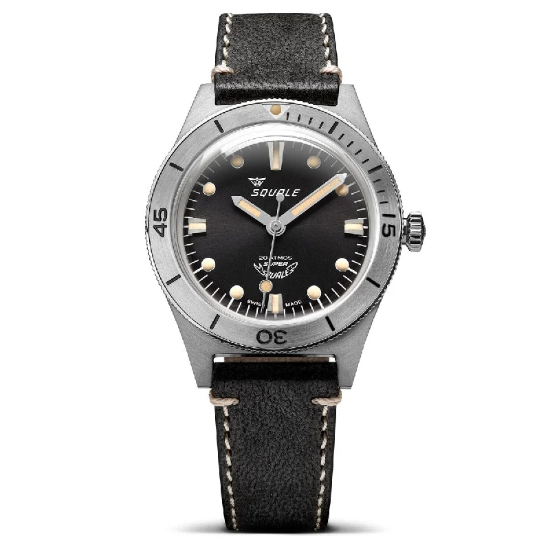 Super Squale Diver's Watch - Sunray Black Dial - Black Leather Strap