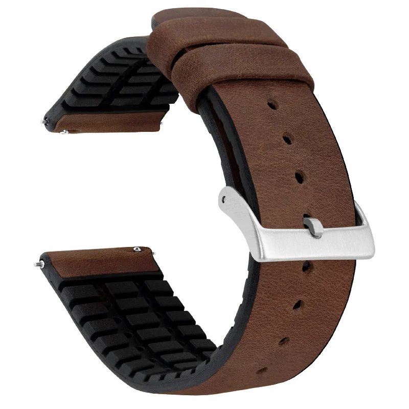 Walnut Brown Leather And Rubber Hybrid Watch Band (18mm, 19mm, 21mm, 23mm, 24mm SALE)