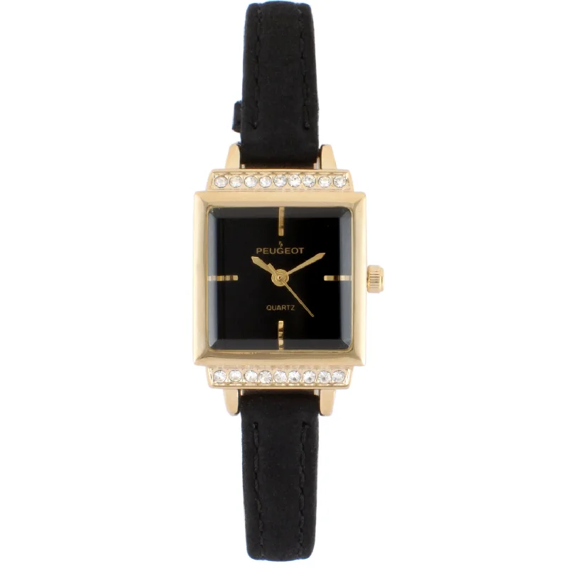 Women's 22mm Gold Crystal Watch With Black Dial &  Tan Strap