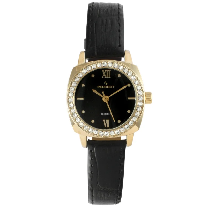 Women 28mm Black Watch with Crystal Bezel Leather Strap