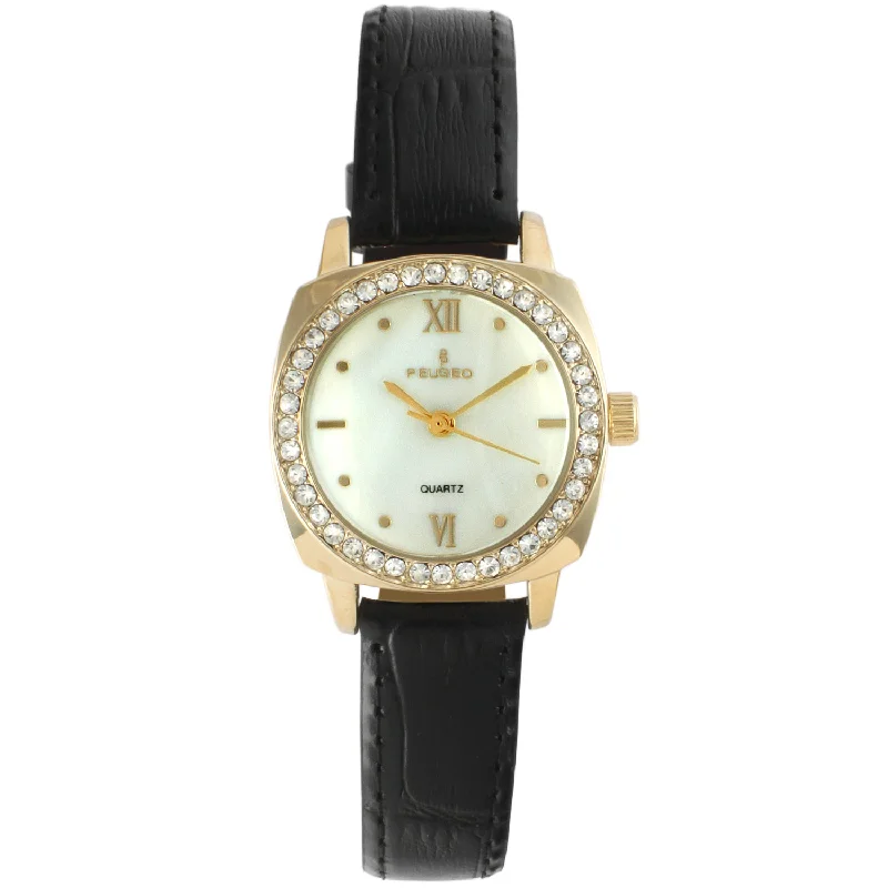 Women 28mm Gold Watch with Crystal Bezel Leather Strap