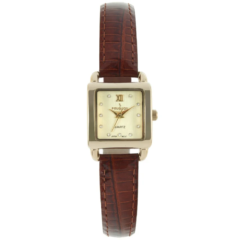 Women's 20mm Square Watch with Glossy Brown Leather Strap