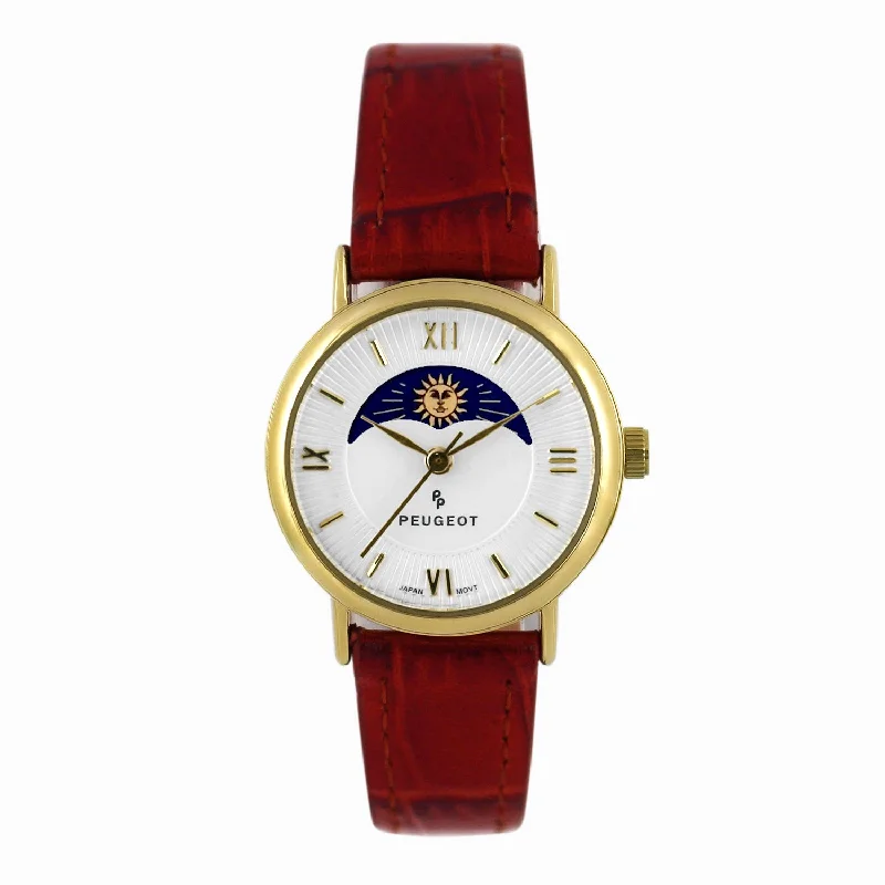 Women's 26mm Sun-Moon Phase Gold Watch with Brown Leather Strap