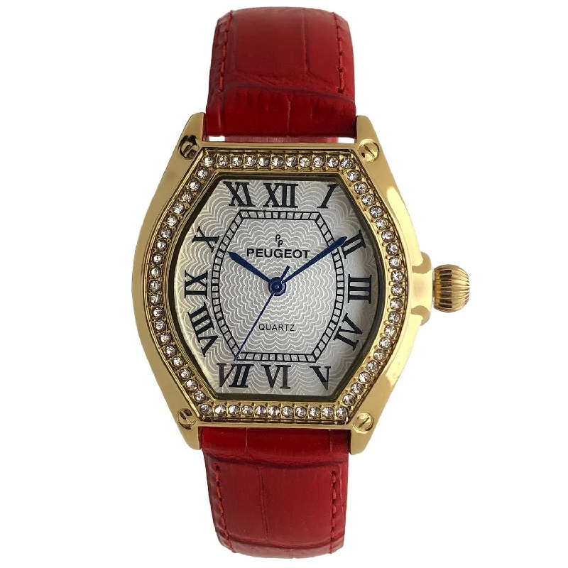 Women's 36mm Red Watch Barrel Shaped Tank Case Leather Strap