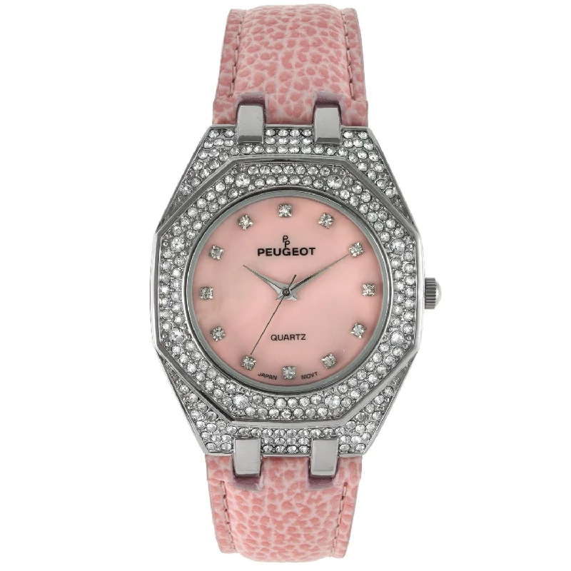 Women's 37mm Pink Watch with Crystal Bezel Leather Band