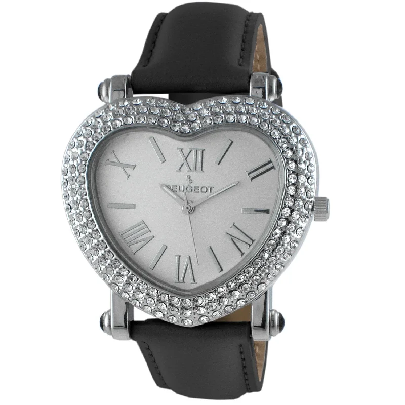 Women's 38mm Black Crystal Heart Watch with Leather Strap