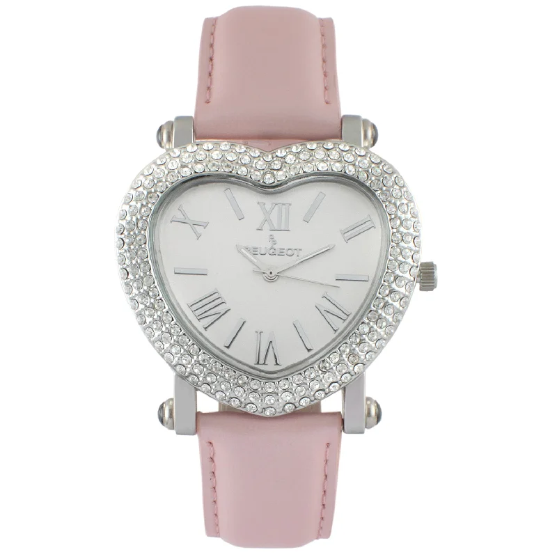 Women's 38mm Pink Crystal Heart Watch with Leather Strap