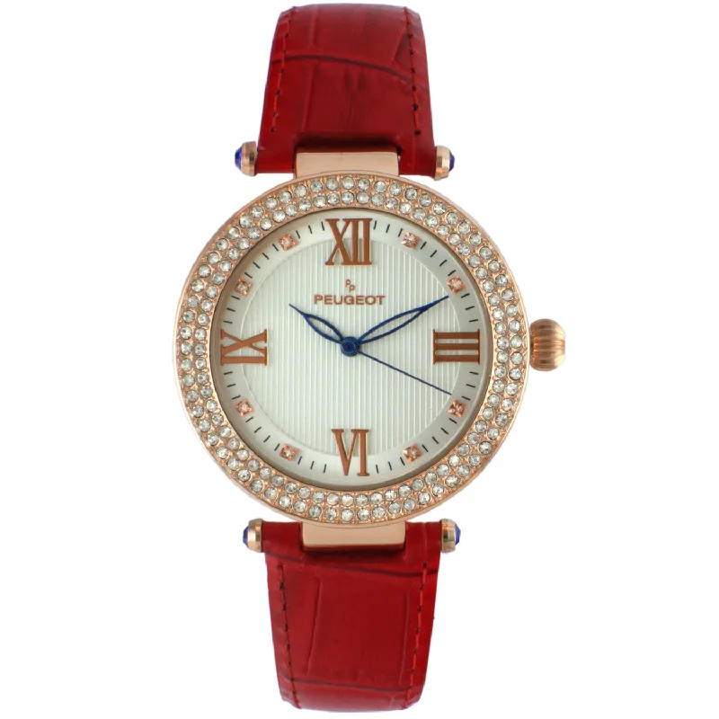 Women's 38mm Red Watch Crystal Bezel Leather Strap