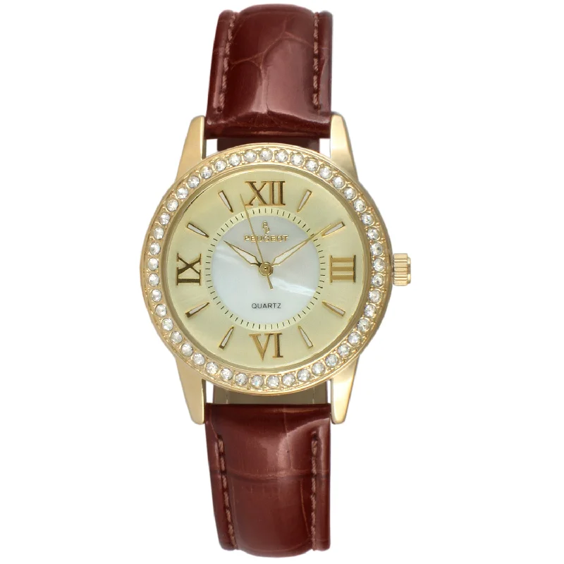 Women's Brown Watch 34mm Crystal Bezel Leather Strap