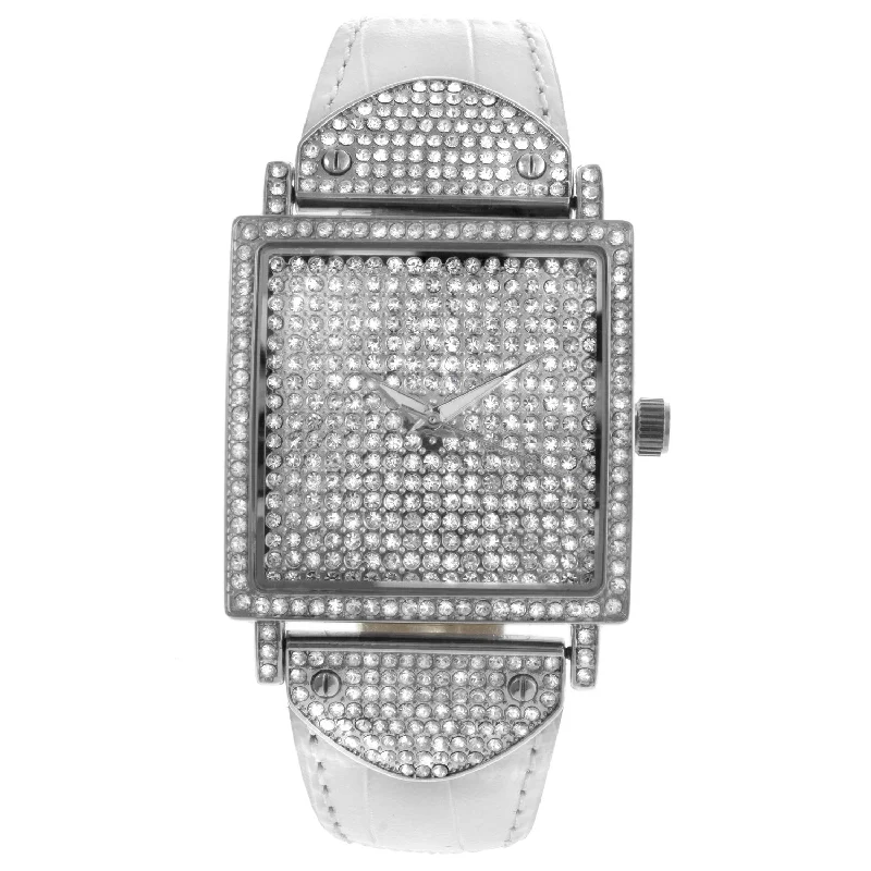 Women's Crystal Couture White Watch Pavet Face with Leather Bands