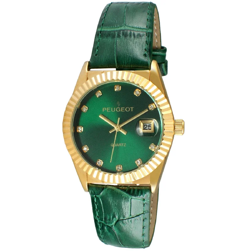 Women's  Green 36mm Fluted Bezel Watch with Leather Strap