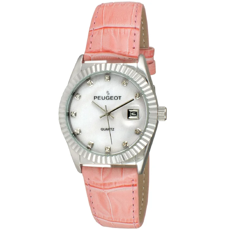 Women's Pink 36mm Fluted Bezel Watch with Leather Strap